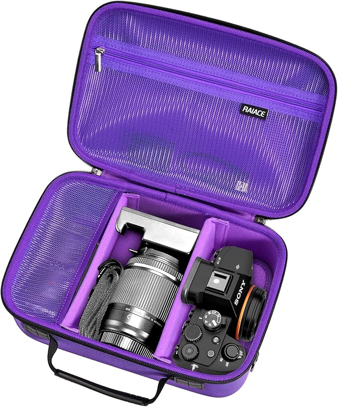 RAIACE Hard Case Compatible with Sony Alpha 7 II III IV/7R V Camera, for Nikon, for Canon, for Pentax and More.Large Capacity With Mesh Pocket for Lens, Charger, Cables, Cards and Accessories.-Purple