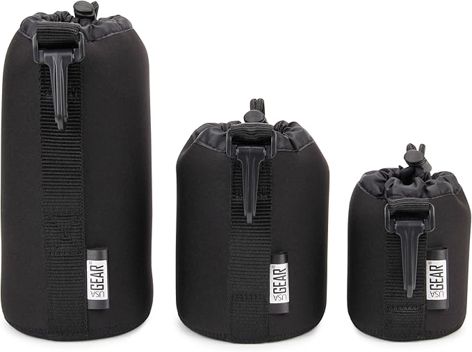 USA Gear FlexARMOR Protective Neoprene Lens Case Pouch Set 3-Pack - Small, Medium and Large Cases with Drawstring Opening, Attached Clip, Reinforced Belt Loop (Black)