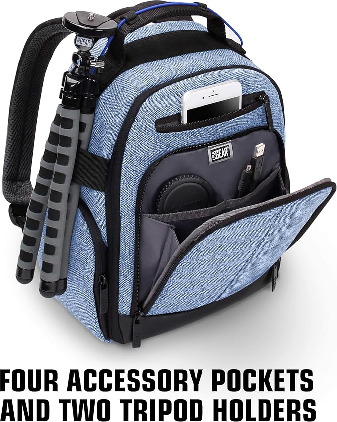 USA Gear Portable Camera Backpack for DSLR with Customizable Accessory Dividers, Weather Resistant Bottom and Comfortable Back Support - Compatible with Canon, Nikon, Sony, Fujifilm, and More (Blue)