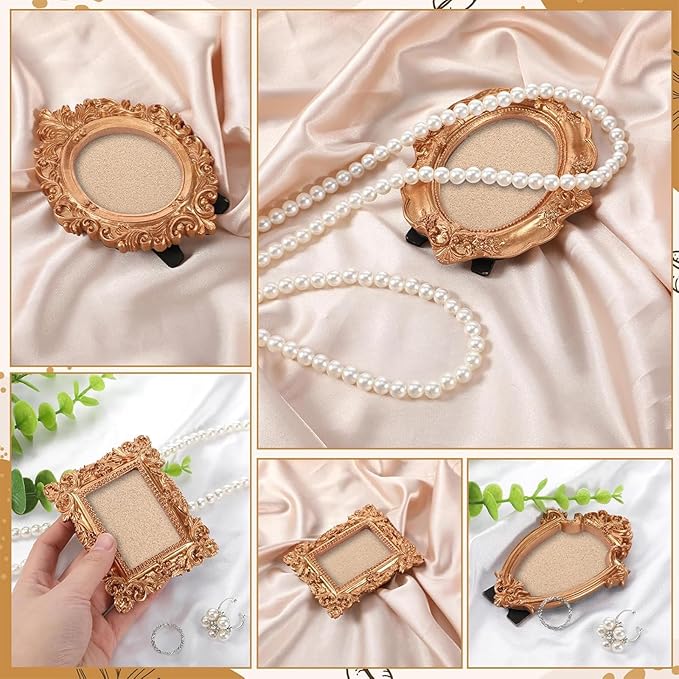 5-Piece Set Vintage Mini Photo Frames,Baroque Rose Gold European Palace Style , Retro Carving, Stand or Hang, Desktop Display, Wall Decor,Fits Gallery Walls / Wedding Photo Walls / Home Decor Retro Style Photo Frames