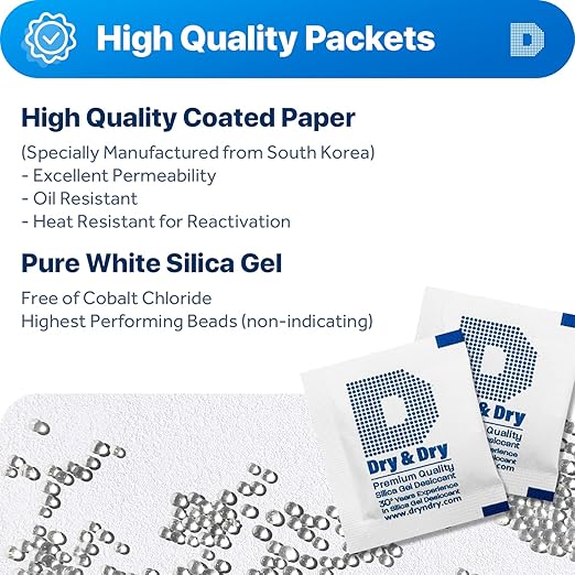 Dry & Dry Silica Gel Packets Desiccant Silica Packets - Food Safe Rechargeable Silica Gel Packs, Moisture Absorbers - White - 80 Packets (3 Gram)