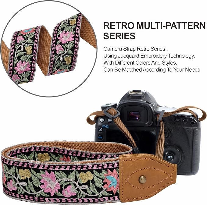 Padwa Lifestyle Embroidered Flower Camera Strap - 2" Wide Classic Vintage Crazy Horse Arts Cowhide Head Camera Straps for Photographers,Universal Neck Shoulder & Crossbody Strap Fit DSLR/SLR Camera