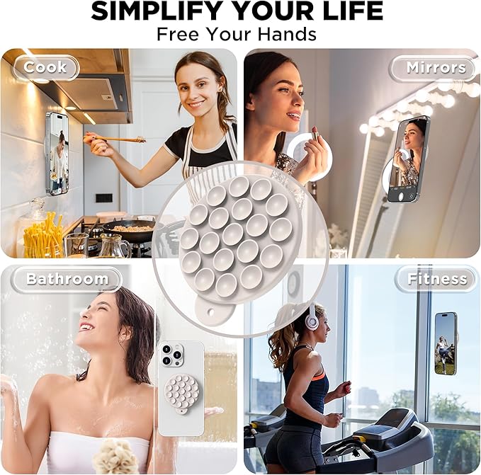 Magnetic Suction Cup Phone Mount with MagSafe, Silicone Hands-Free Grip Holder for iPhone Case and Android, Mirror Shower Phone Stand for Makeup FaceTime Gym Kitchen Bathroom, Stone