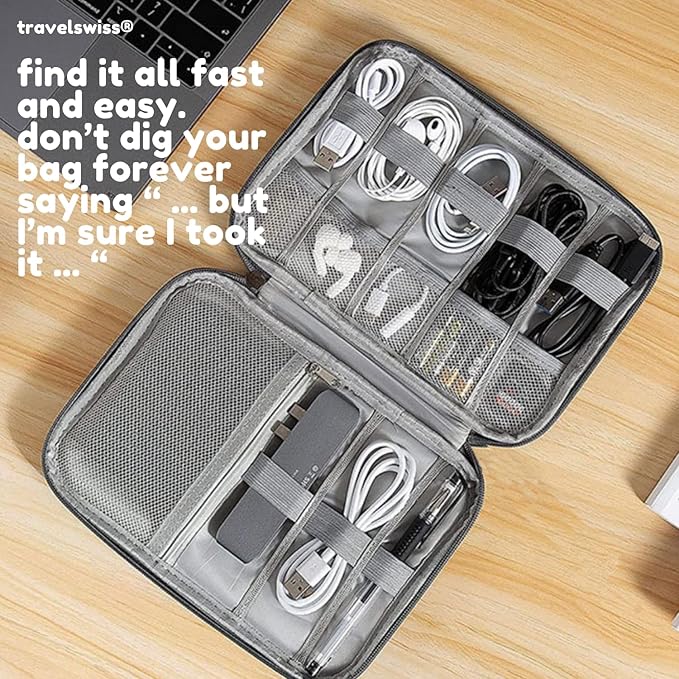 Travel Case Carry Pouch Electronic Accessories Organizer Portable Waterproof Double Layers All-in-One Storage Bag for Power Bank USB Cable Mouse Cords Charger Phone Earphone Flash Drive Grey