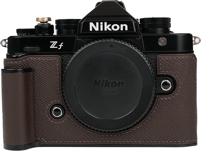 Handmade Genuine Leather Camera Half Case for Nikon ZF/Nikon ZF Camera Case - Top Layer Cowhide Body + Hand Sewn Saddle Stitch + Metal Base Plate (Dark Coffee)
