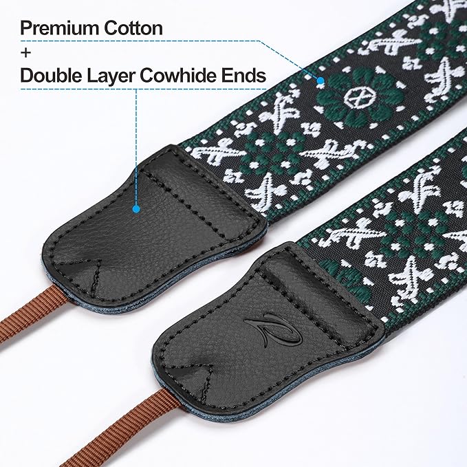 Padwa Lifestyle Camera Strap - 2" Cowhide Leather Head Cotton Camera Straps for Photographers,Vintage Jacquard Embroidery Adjustable Neck & Shoulder Strap for ALL DSLR/SLR Cameras (Green Flower)
