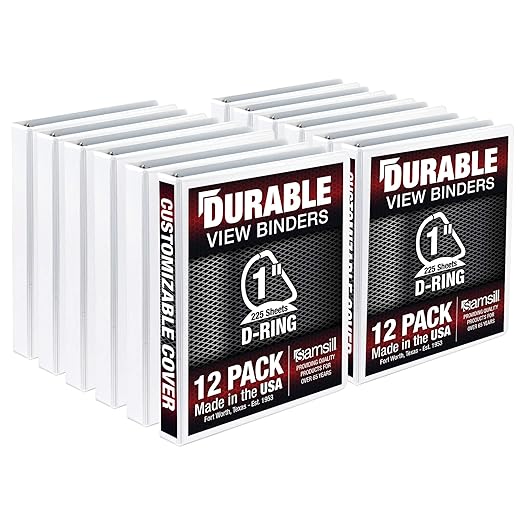 Samsill Durable 1 inch 3 Ring Binder, Made in USA, D Ring Binder, FSC 100% Recycled Chipboard, White, 12 Pack