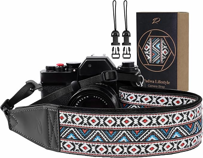 Padwa Lifestyle Boho White Camera Strap - 2" Full Grain Leather Ends Camera Straps for Photographers, Vintage Embroidered Cotton Weave Soft Suede Fabric Padded Strap Quick Release fits All Cameras