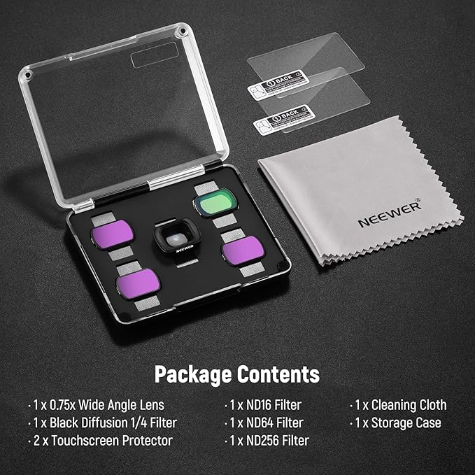 NEEWER ND Filter Set (4 Pack) Compatible with DJI Osmo Pocket 3 Creator Combo Accessories with 0.75X Wide Angle Lens & Screen Protectors, ND16 ND64 ND256 Black Diffusion 1/4 Filter, FL-B14