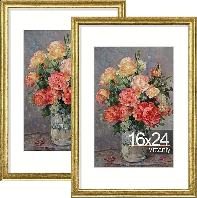 Vittanly 16x24 Picture Frames Set of 2, Ornate Vintage Photo Frame for Wall Mount, Display 12x18 Pictures with Mat or 16x24 without Mat, Rustic Gold