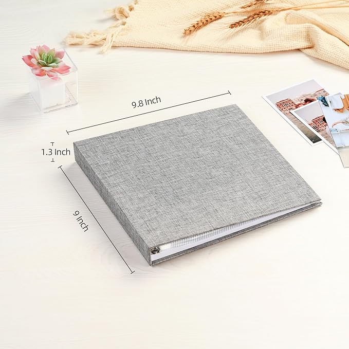 Mublalbum 8x8 Inch Small 3 Ring DIY Scrapbook Photo Album with 20 Plastic Sleeves 40 Pages Linen Cover Folder Binder for Baby Travel Wedding Anniversary and DIY Projects (Grey)