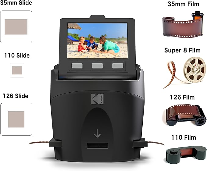 Kodak SCANZA Digital Film & Slide Scanner – Converts 35mm, 126, 110, Super 8 & 8mm Film to JPEG with 3.5" LCD, Easy-Load Inserts & Adapters