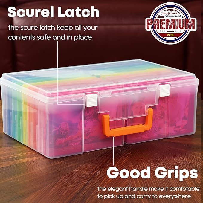 ALINK Photo Storage Box 5" x 7" with Handle, 18 pcs Inner Photo Containers Organizer and Craft Keeper, Portable Picture Case with Label for Seed, Arts, Crafts, Sewing, Stickers, Office - Colorful
