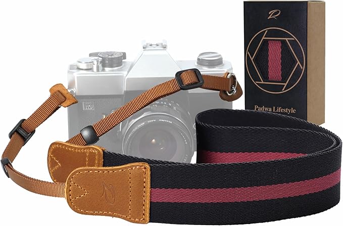 Padwa Lifestyle Stripes Camera Strap - Double Layer Crazy Horse Cowhide End,1.5" Wide Pure Cotton Camera Straps,Adjustable Neck Shoulder Strap for All DSLR Cameras,Gift for Photographers(Red Black)