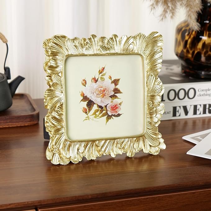 Cuspin 5x5 Picture Frame Gold Frames, Vintage Ornate Frame Palm Leaves Textured Hand-Crafted Resin with Glass Front, Elegant Retro Photo Frame for Wall Hanging and Tabletop Display Home Decor
