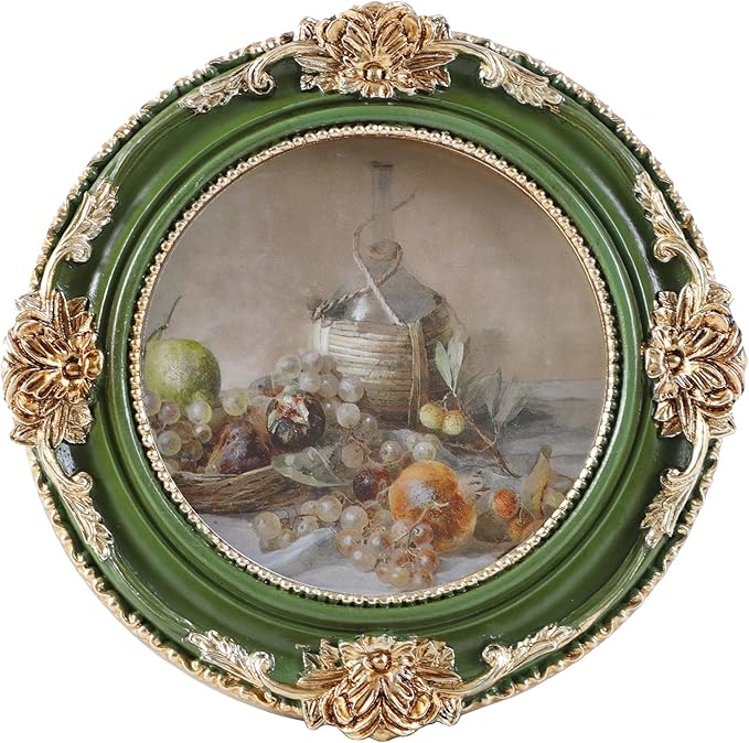 Vintage Picture Frames 3x3 Ornate Green and Gold Antique Pictue Frames with Real Glass Cover for Wall & Tabletop Display Victorian Home Decor Gallery Wall Decor,Round