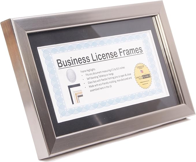 Creative Picture Frames Stainless Steel Business License Frame for Professionals Holds 3.5 by 8.5 with Black Mat Includes Self Standing Easel