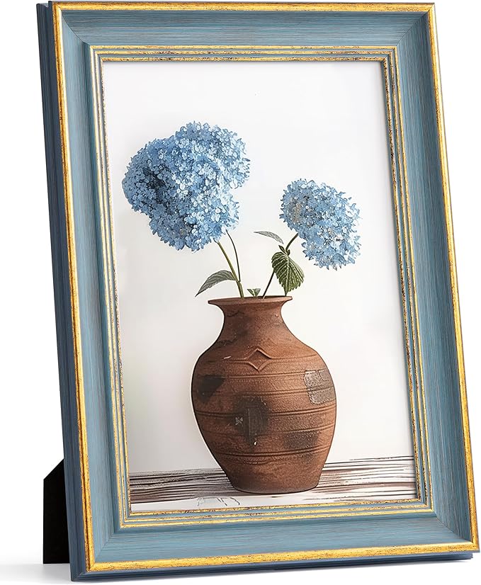 Afuly A4 Picture Frame Blue Gold Vintage Elegant Retro Antique Distressed Unique Wall Hang Desktop Photo Display Home Decor Anniversaries Birthday Gifts for Women Mom Grandma Parents