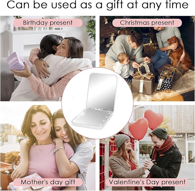 Compact Mirror, 1x/3x Magnification Mini Mirror for Purse, Pocket, Handheld, Stocking Stuffers, Travel Makeup, 2-Sided Foldable, Small Mirror with Led Lights