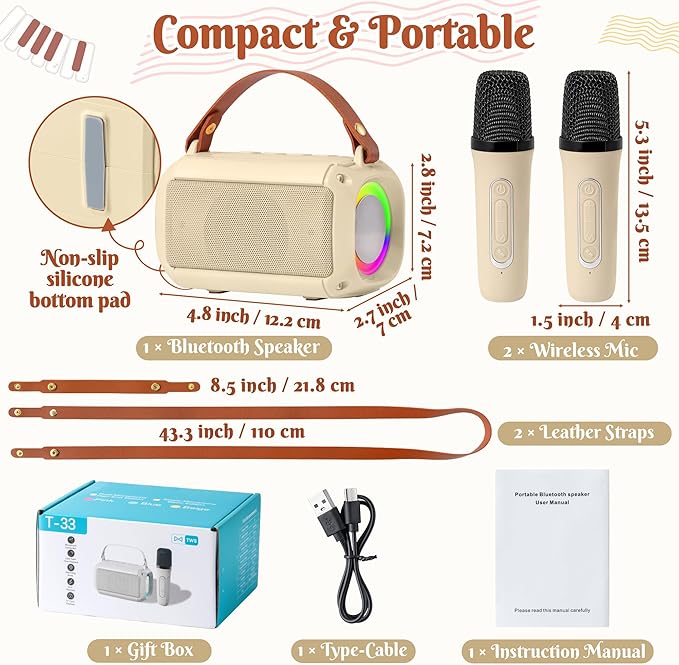 MALLMALL6 Mini Karaoke Machine with 2 Wireless Microphone for Kids Portable Bluetooth 5.3 Karaoke Mic LED Color Lights Speaker Christmas Birthday Family Home Party Toys Gift for Boys Girls Beige