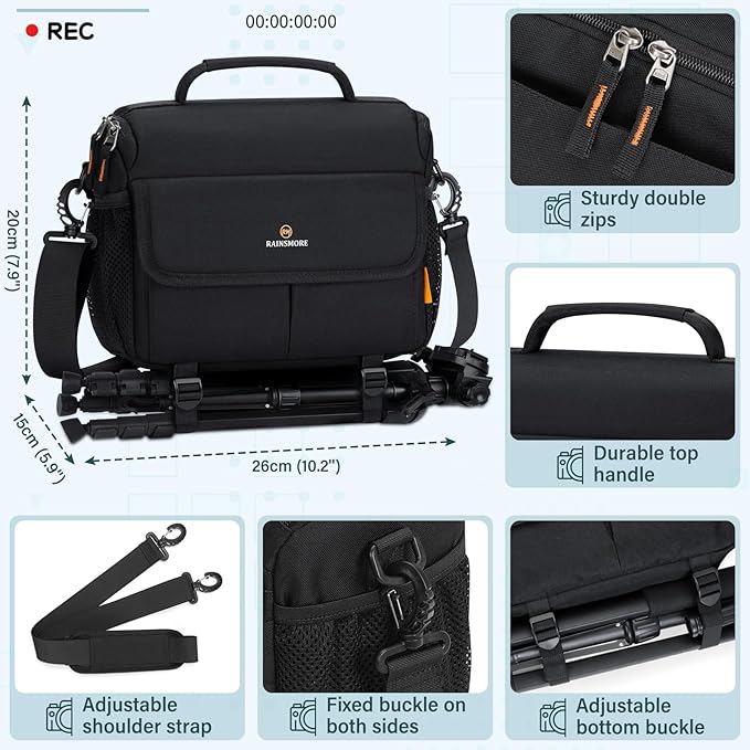 RAINSMORE Camera Bag for DSLR SLR Mirrorless Camera,Small Camera Sling Bag for Photographers Waterproof Camera Case with Tripod Holder Compact Camera Bag Crossbody with Rain Cover Black