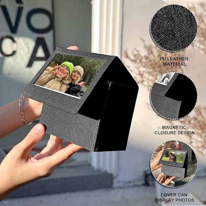 CAIYOULE Picture Holder Case for Fujifilm Instax Wide/EVO/Wide 400/300/210/Polaroid I-Type/Now/OneStep/GO Instant Camera Films, Photo Storage Box with Photo Pouch Can Hold 50+ Films, Black