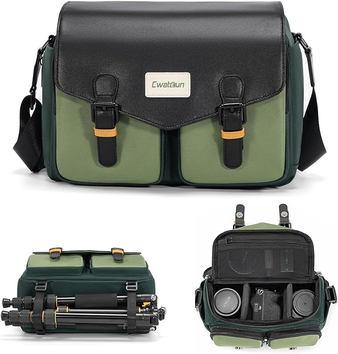 Cwatcun Camera Bag, Waterproof Flap Camera Crossbody Shoulder Messenger Case with Tripod Holder, Travel Photography Bag for Canon, Nikon, Sony, Fuji DSLR/SLR/Mirrorless Camera, Lens - Green, M