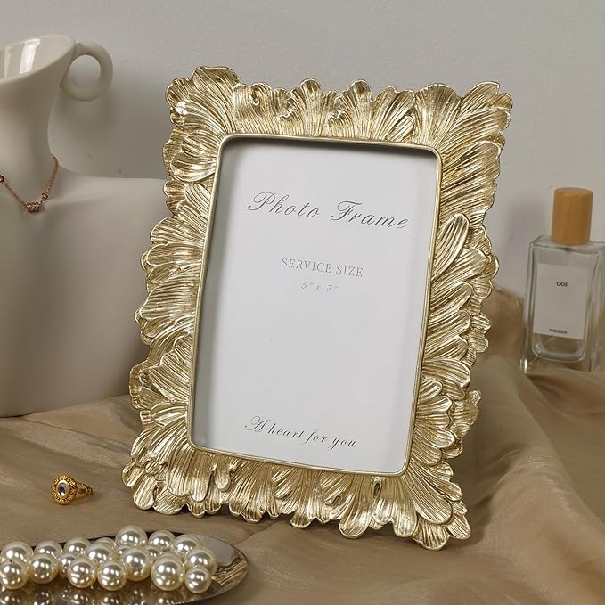 Cuspin Gold 5x7 Picture Frame, Vintage Gold Palm Leaves Textured Hand-Crafted Resin Frame with Glass Front, Elegant Retro Photo Frame for Wall and Tabletop Display Home Decor