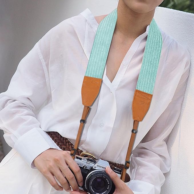 Padwa Lifestyle Corduroy Camera Strap - 2" Double Layer Full Grain Cowhide Leather Head Camera Straps for Photographers,Unique Soft Corduroy Fabric with Quick Release fits all Cameras - Fresh Green