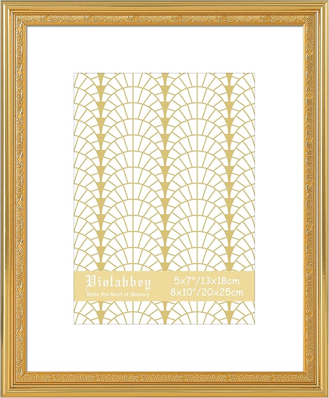 VIOLABBEY 8x10 Gold Picture Frame, Display 5x7 Photo with Mat or 8x10 without Mat, Ornate Vintage 8 x 10 Gold Frame for Wall Decor or Tabletop Display