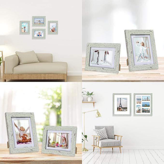 5x7 Picture Frame Set of 4, Made of Real Glass and Sage Green Wooden Frame, 5 by 7 Photo for Wall or Tabletop - Display Picture 4x6 with Mat or 5x7 Without Mat