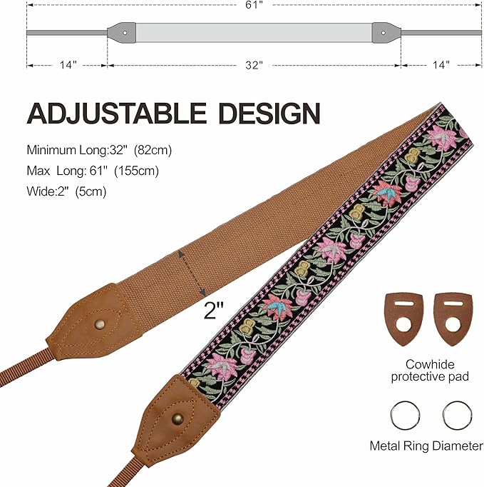 Padwa Lifestyle Embroidered Flower Camera Strap - 2" Wide Classic Vintage Crazy Horse Arts Cowhide Head Camera Straps for Photographers,Universal Neck Shoulder & Crossbody Strap Fit DSLR/SLR Camera