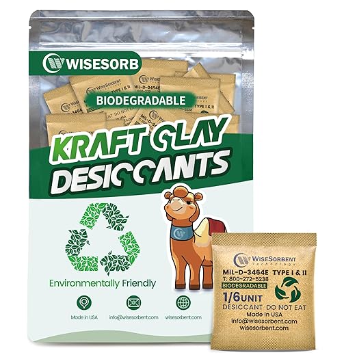 6G x 60 Pack Kraft Clay Desiccants Packs, Food Safe Bentonite Clay Desiccant - Silica Gel Packets Alternative, Military Grade Moisture Absorbers for Storage Bins, Electronics, Clothes Shoes