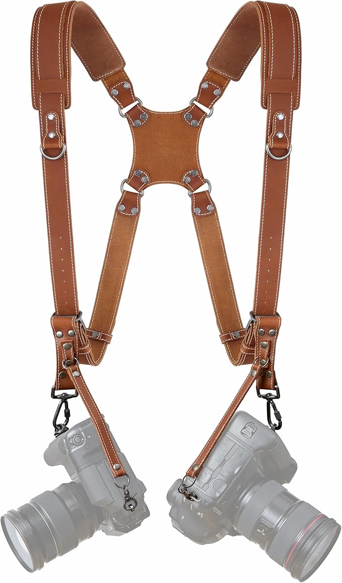 Padwa Lifestyle Tan Dual Camera Harness Strap with Padded for Two Cameras - Dual Shoulder Full Grain Leather Harness,Multi Camera Gear for DSLR/SLR Strap,Double Camera Harness for Photographers