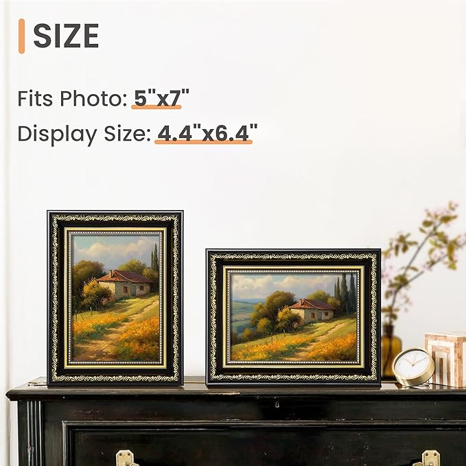 upsimples 5x7 Picture Frame with Real Glass, Ornate Vintage 5 x 7 Photo Frames for Wall Decor or Tabletop Display, Black and Gold, 2 Pack