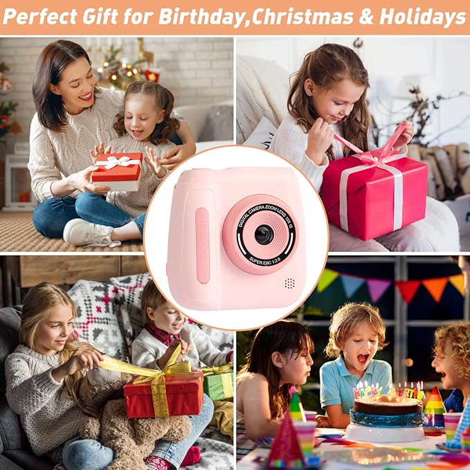 Kids Instant Print Camera with Thermal Printer – Pink Mini Digital Camera for Girls Boys Ages 3-12, USB Rechargeable, Fun DIY Stickers, Selfie Mode – Toy for Christmas Holiday Birthday Gifts (Pink)