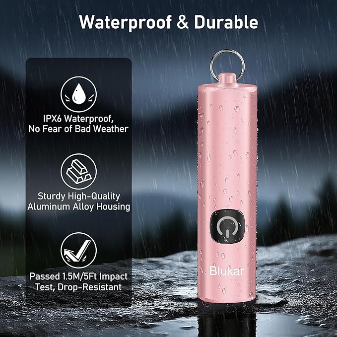 Blukar Rechargeable EDC Flashlight, Mini Keychain Flash Light with 3 Lighting Modes, Memory Function, Waterproof, Compact and Portable Pocket Light for Everyday Carry, Emergency,Camping-Pink
