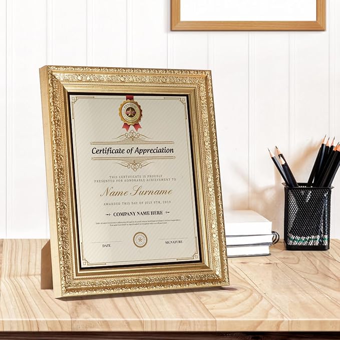 Edenseelake 8.5 x 11 Picture Frames Set of 2, Vintage Gold 8.5 x 11 Diploma Certificate Frame for Tabletop or Wall Display