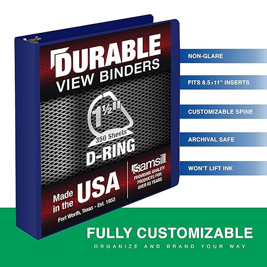 Samsill Durable 1.5 Inch Binder, Made in The USA, D Ring Binder, Customizable Clear View Cover, Dark Blue, Holds 350 Pages