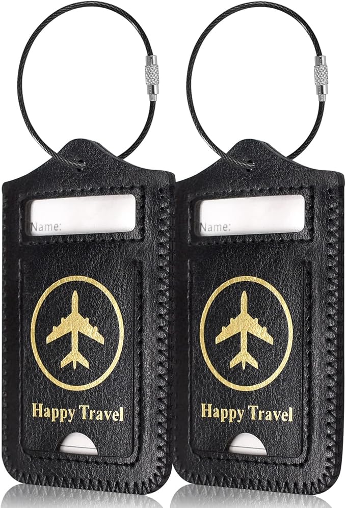 Luggage Tags, ACdream Leather Case Luggage Bag Tags Travel Tags 2 Pieces Set, Black