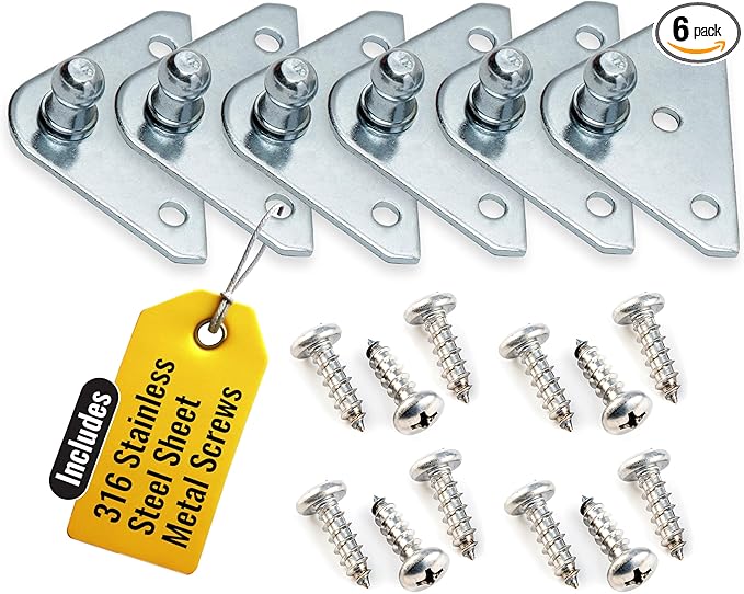 10MM Ball Stud Mounting Silver Bracket for Gas Struts - Heavy Duty Lift Support Shock Brackets with Stainless Steel Screws - Ideal for Spring Hood Struts & Closer Piston Prop Mounts – x6 Flat