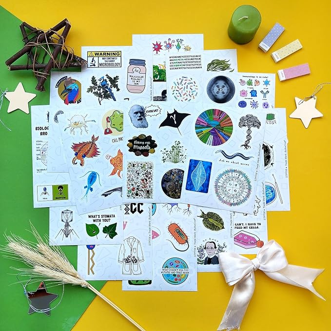 BulbaCraft100Pcs Funny Biology Stickers for Laptop & Water Bottles, Small Biology Sticker Pack, Laptop Decals, Gifts for Women & Men