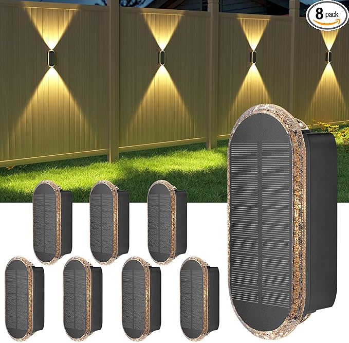 Ellasay 8 Pack Fence Lights Solar Powered, Up and Down Focus LED Solar Wall Lights Outdoor, IP67 Waterproof Solar Lights for Outside Patio, Backyard,Porch,Railing,3 Color Modes