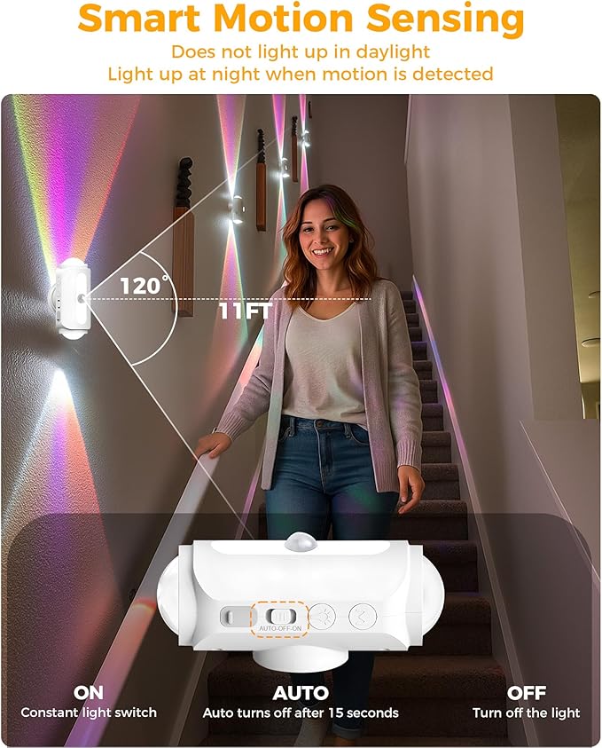 Motion Sensor Wall Light, Rechargeable Peel and Stick on Sconce Set of 2, Wireless No Drill RGB Wall Lamps, Magnetic Battery Operated Indoor Lighting for Hallway, Stairs, Bedroom, Bathroom, Bar Decor