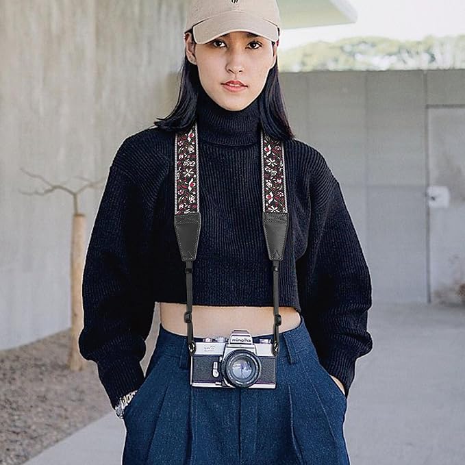 Padwa Lifestyle Camera Strap - 2" Full Grain Leather Ends Camera Straps for Photographers, Vintage Embroidered Cotton Weave Soft Strap Quick Release fits All Cameras