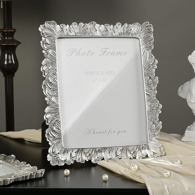 Cuspin Silver 8x10 Picture Frame, Vintage Silver Ornate Palm Leaves Textured Hand-Crafted Resin with Glass Front, Elegant Retro Design Photo Frame for Wall Hanging and Tabletop Display Home Decor