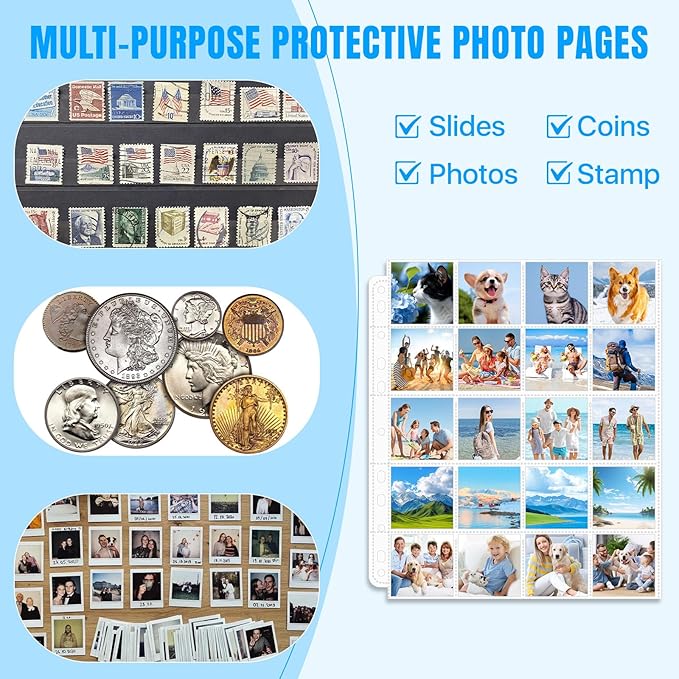 Aemygo 50 Pack Protective Photo Slide Pages Holds 20 35mm Slides, Top Loading Page Sleeves for 3 Ring Binder, Slide Flips Organizer Sheet Holds 1000, Clear Archival Slide Storage Album Preservers
