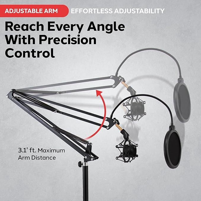 Pyle Microphone Boom Suspension Stand - Scissor Arm Mic Mount w/Shock Mount, Integrated Pop Filter, 3.1' ft. Max Extension, Suitable for Podcast Recording, Broadcasting, Streaming, Stage & Studio Use