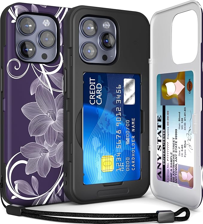 TORU for iPhone 15 Pro Wallet Case with Card Holder, Hidden ID Credit Card Slot Flip Kickstand, Slim Fit Shockproof Heavy Duty Phone Cover with Strap - Floral Pattern Flowers