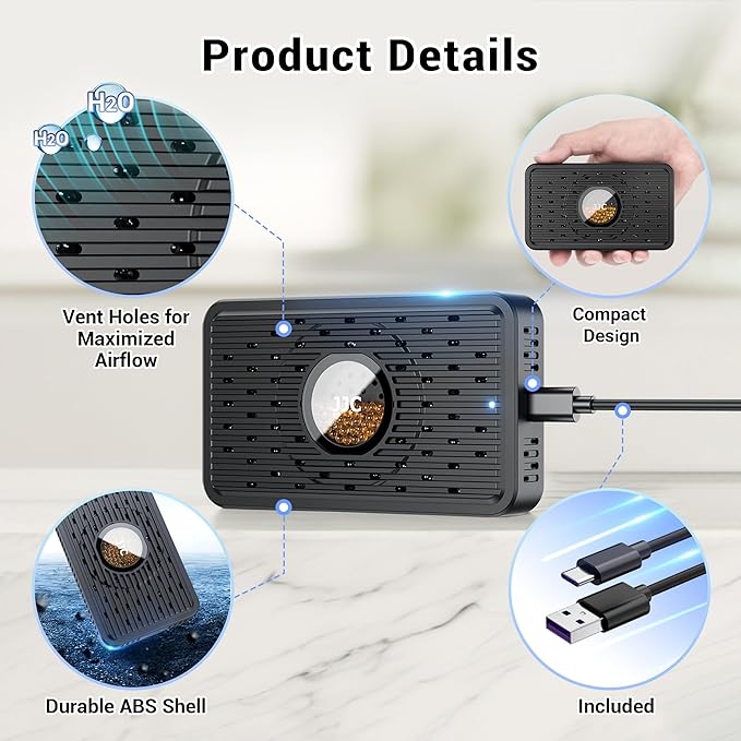 2-Pack Reusable Desiccant Dehumidifier with 70g Silica Gel, Portable Moisture Absorber for Gun Safe, Camera Lens Electronic Dry Cabinet, 3D Printer Filaments Storage & Guitar Bag, USB-C Charging